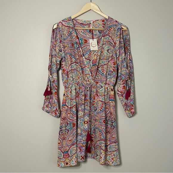 Anthropologie x Raga Colorful Foil Shimmer Slit Sleeve Mini Dress Size Small - Picture 1 of 9